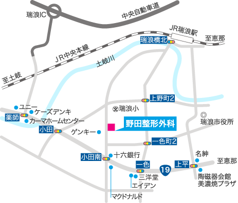 周辺地図のイラスト。瑞浪小学校南にあります。小田南交差点を北へ約300メートルのところにあります。